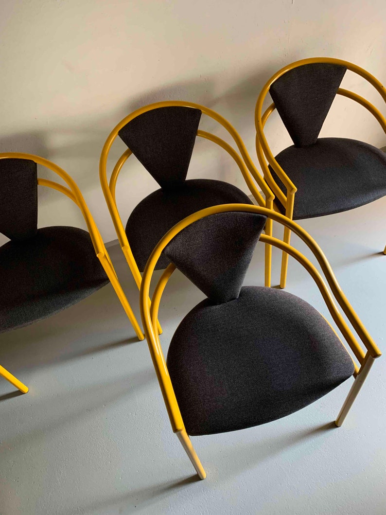 4 Yellow Metal Chairs/gray Seat Armchair/vintage Etsy