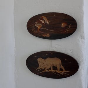 2 Solid Wood Marquetry Wall Plaques | 1960s