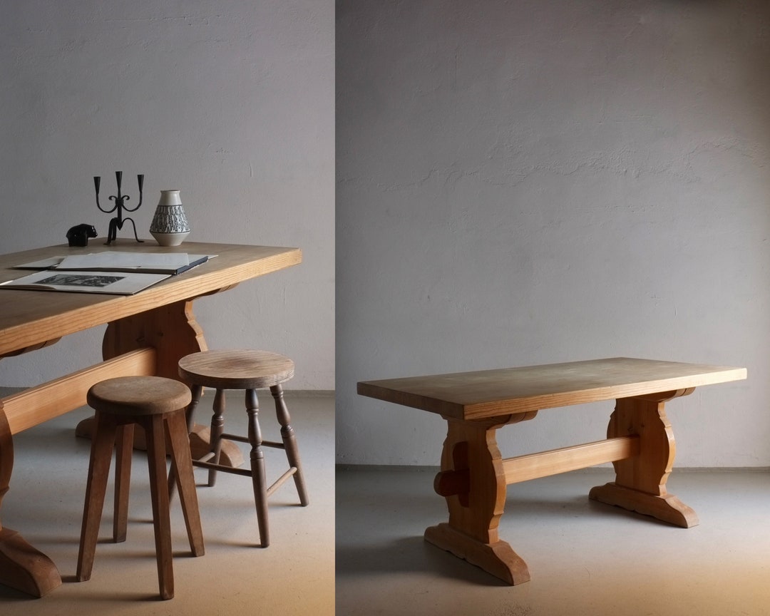 Rustic Solid Pine Dining Table | Trestle Farmhouse Kitchen | Sweden ...