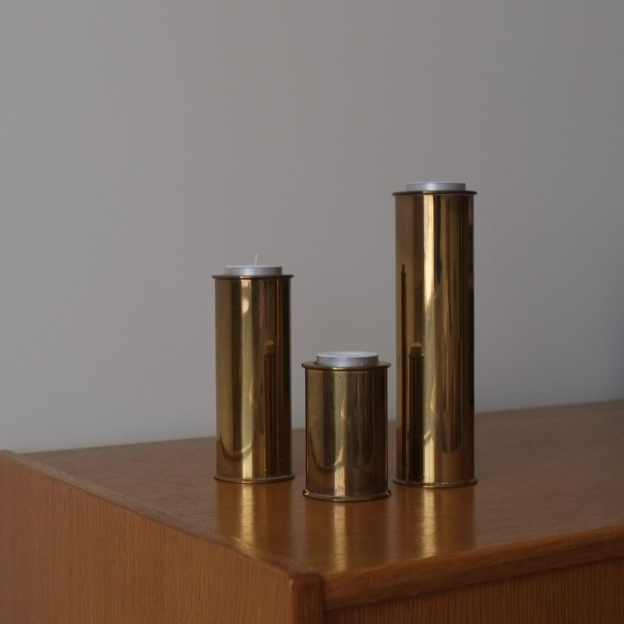 3 Brutalist Brass Candle Holders or Vases Staffan Englesson