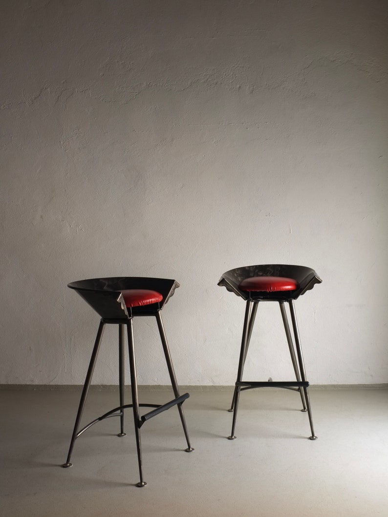 2 Metal Bar Chairs Steel Red Seat Brutalist Vintage Etsy