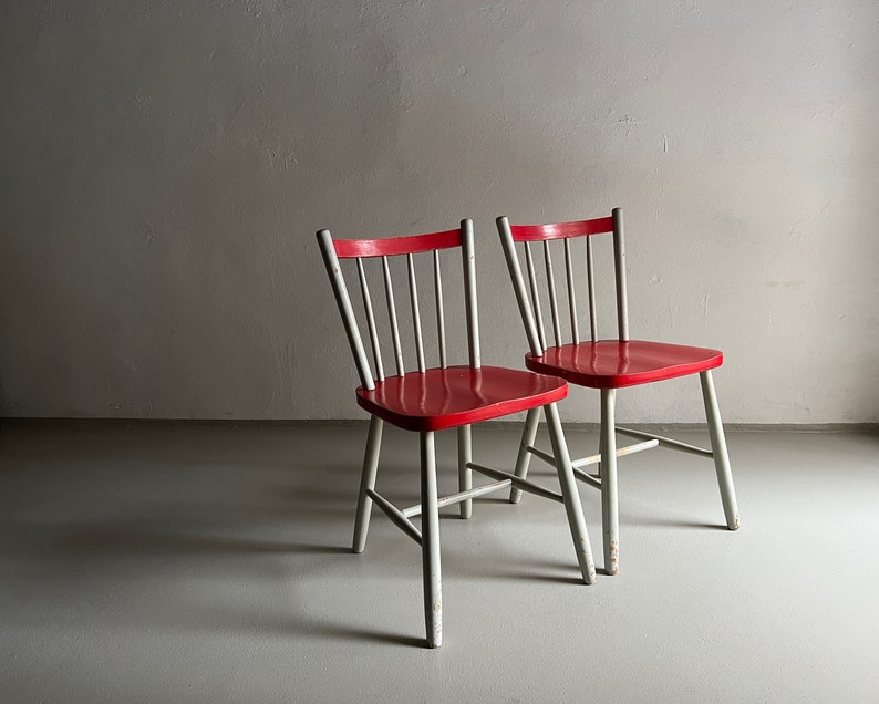 2 Red-Gray Scandinavian Chairs/MCM/Mid-Century/Vintage image 1