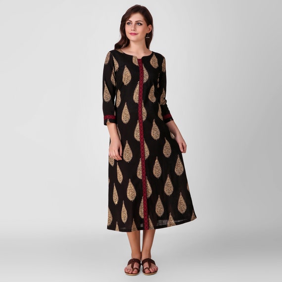 Black Kalamkari Hand Block Printed Embroidered Cotton Dress | Etsy