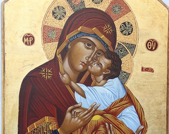 Virgin Mary Mother of God (Eleusa) & Jesus Christ.Hand-painted Orthodox Byzantine Icon on wood