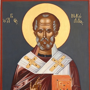 Sinterklaas/Agios Nikolaos. Handgeschilderd Orthodox Byzantijns Pictogram op hout