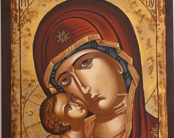 Virgin Mary Mother of God (Eleusa) & Jesus Christ. Hand-painted Orthodox Byzantine Icon on wood