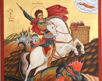 May include: A religious icon depicting Saint George slaying a dragon. The icon is painted on a wooden panel with gold leaf accents. Saint George is depicted on a white horse, wielding a spear, and the dragon is green and red with a large, open mouth. The icon is framed in a red wooden frame.
