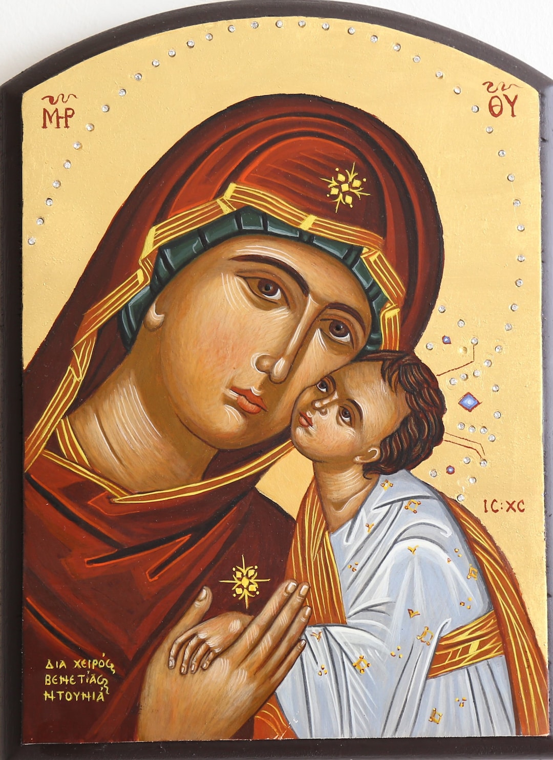 Virgin Mary Mother of God (eleusa) &amp; Jesus Christ. Hand-painted Orthodox  Byzantine Icon on Wood. Halo Decorated With Svarovski Crystals - Etsy