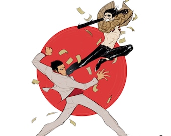 Impressão artística de Yakuza – A companhia que você mantém, como uma cena de luta de dragões
