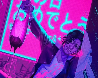 May include: A man in a dark jacket and jeans sits on a wet sidewalk in front of a neon sign that reads "Father's Day Congratulations". He is holding a plastic bag with a red liquid dripping from it. The man is holding a newspaper in his other hand. The scene is lit with pink and blue neon lights.