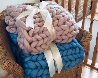 Giant Knit Merino Wool Blanket, Chunky Knit Throw, Handmade in UK, partially felted