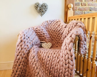 Hand Knit Merino Wool Chunky Blanket, Soft Knit Throw, Bed Runner, Handmade in UK
