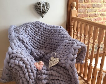 Seal Grey Merino Wool Chunky Knit Blanket, Hand Knitted Bed Runner, partially felted, UK