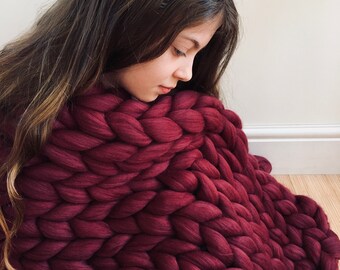 Claret Blanket, Merino Wool Blanket, Chunky Knit Blanket, Chunky Knit Runner, Chunky Knit Throw, Giant Knit Blanket, Chunky Blanket, Luxury