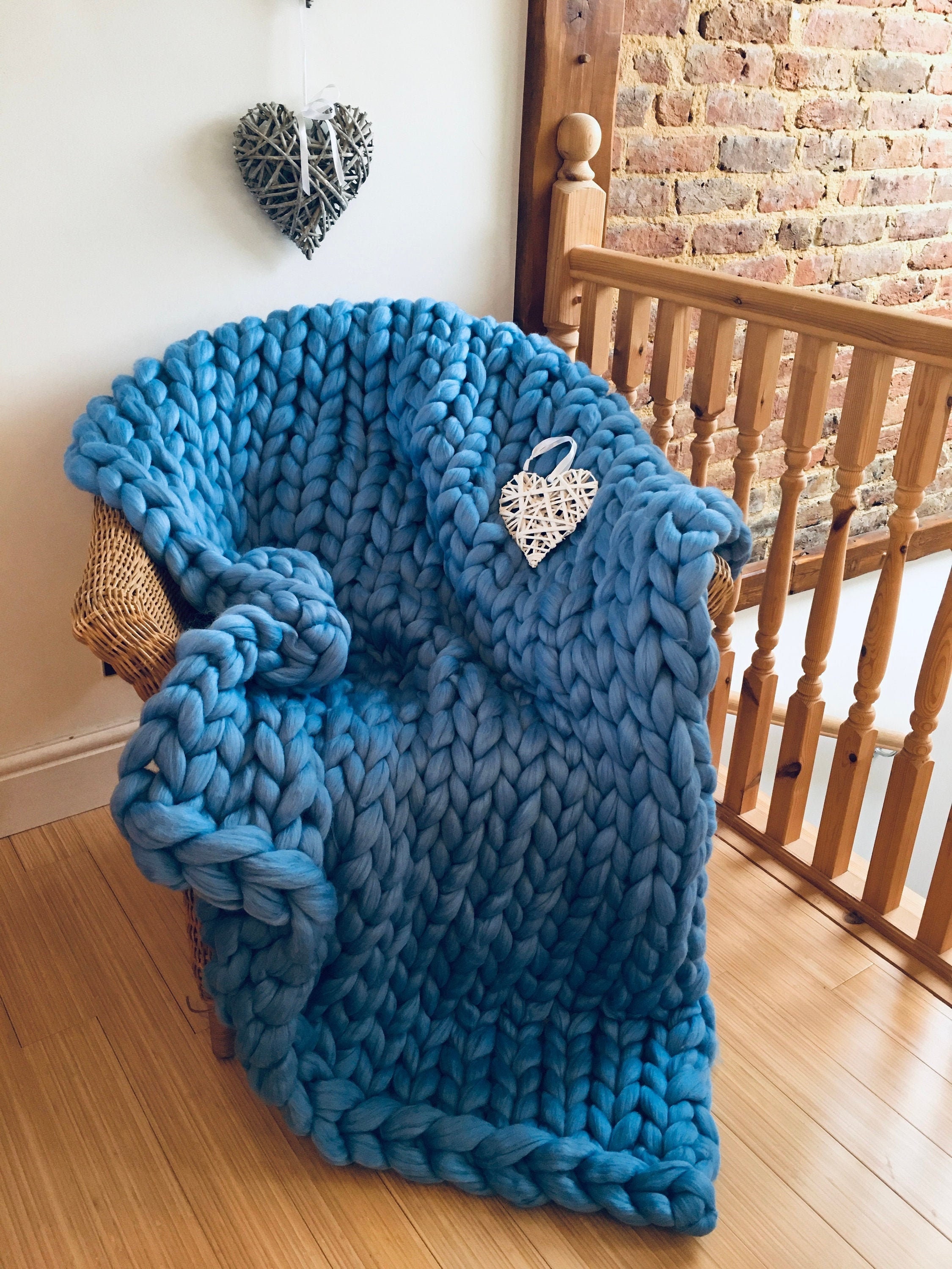 Powder Blue Blanket, Merino Wool Blanket, Partially felted, Giant Knit Blanket, Chunky Knit Blanket, Chunky Blanket, Chunky Bed Runner, UK