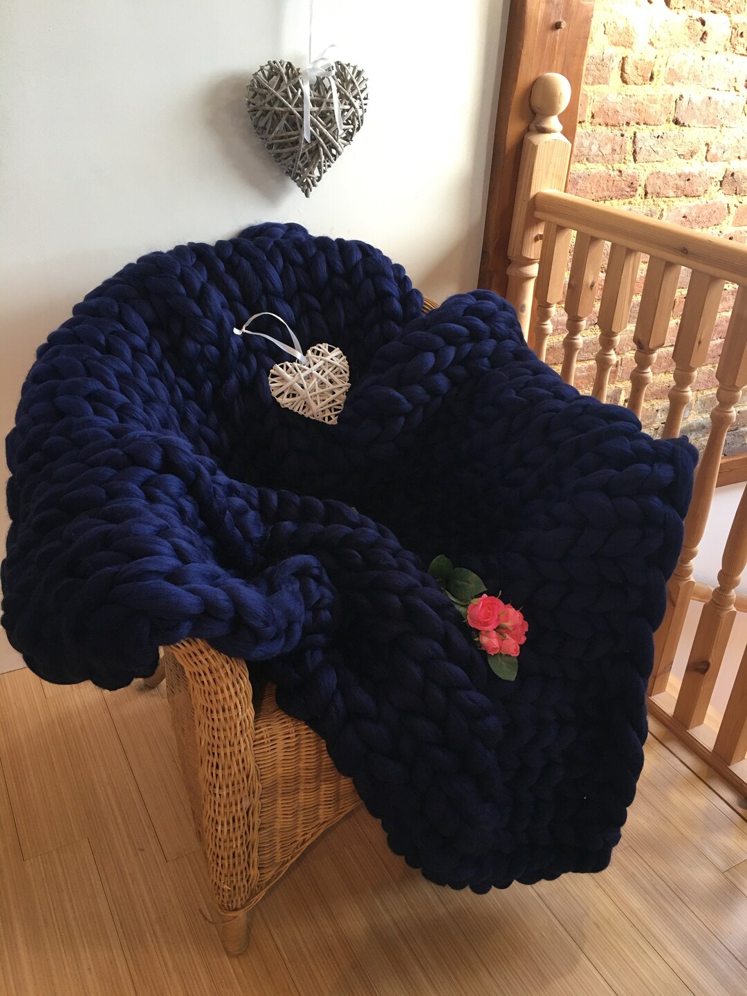 Navy Blue Blanket, Merino Wool Blanket, Chunky Knit Blanket, Chunky