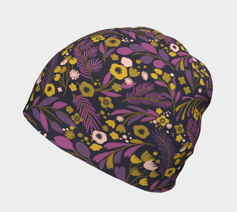 Purple and Violet Floral Pattern Beanie Chemo Beanie Slouchy Hat Slouchy Beanie Spring Beanie Cancer Beanie