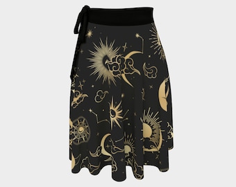 Celestial Pattern Skirt | Moon Pattern Skirt | Women's Wrap Skirt |  Black Skirt | Moon Pattern | Star Pattern