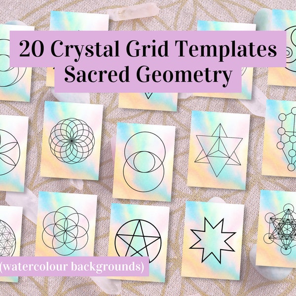 Crystal Grid Templates - Sacred Geometry | 20 Pages | PDF Printable | Watercolor Background | Digital Download | A4 & US Letter Version