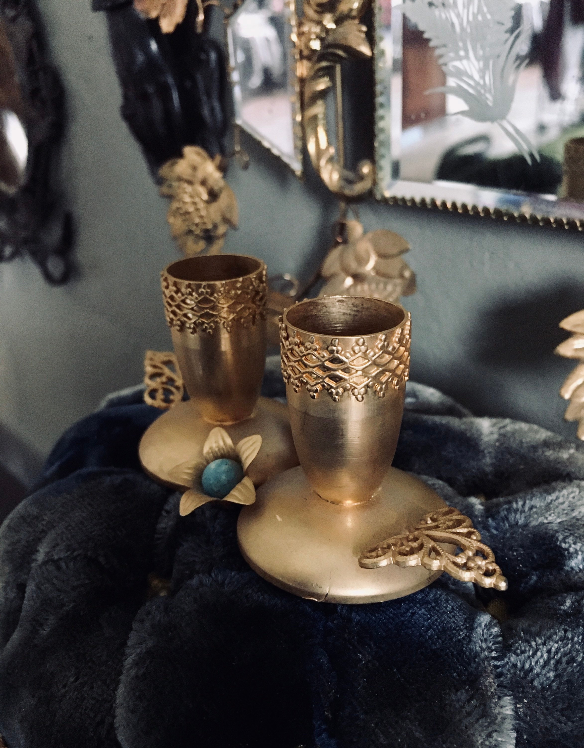 Double Bougeoir Napoleon Iii - Victorien Du Xixème Siècle en Laiton Doré et Turquoise.