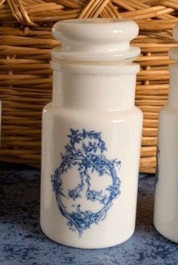 Petit Pot d'apothicaire en Opaline Blanc et Bleus avec Décors Végétal Des Années 60