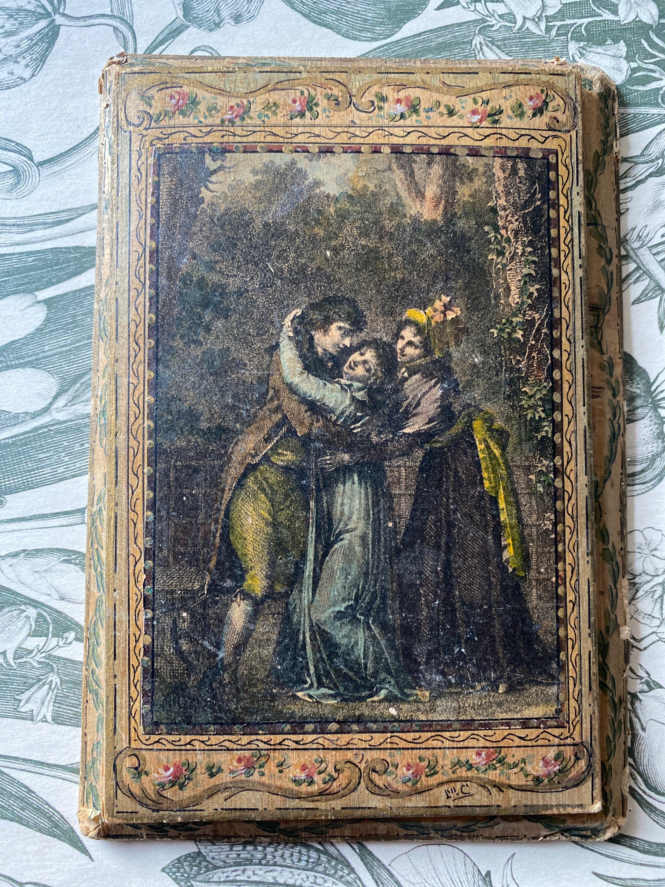 Ancien Bloc-Notes, Époque Napoléon Iii, en Carton Bouillit, avec Décor Romantique et Frise Végétale.