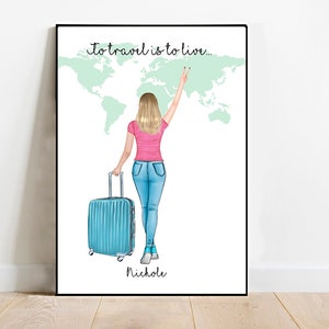 Travel Girl, Personalised Travel Gift, Custom Travel Print, Custom Travel Portrait, Travel with pet.