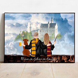 Personalised wizard couple print, Personalized wizard school portrait for couples or friends, wizard fan gift, personalized wizard wall art