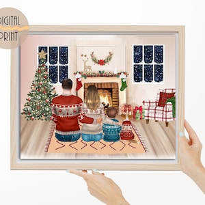 Benutzerdefinierte Familienillustration für Weihnachten, personalisiertes Weihnachtsgeschenk für die Familie, Ehemanngeschenk von Frau, Weihnachtsfamilienporträt