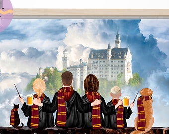 Personalized Wizard Family Portrait Print: Custom Wizarding School Gift (Digital)