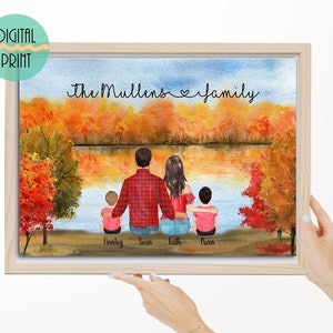Customisable Family illustration Print with kids, Personalized Family Drawing Portrait, Customized Anniversary Gift for husband or wife