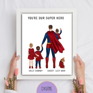 Personalisierter Super Dad Druck, Personaliesd Super Hero Porträt, Geburtstagsgeschenk für Mann von Frau, Super Dad und Kinder Porträt