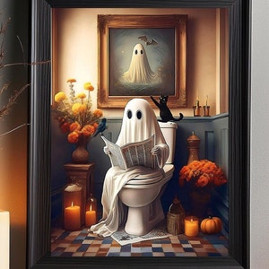 Ghost reading a newspaper on toilet printable portrait for Halloween Wall Art Decor, Vintage Ghost Art Poster, Bathroom Halloween Decor