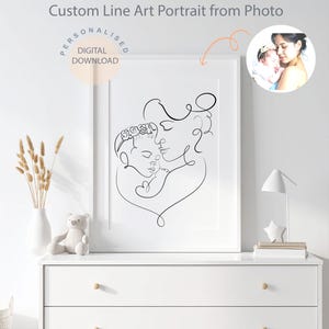 May include: A framed black and white line art portrait of a mother and child. The artwork is a digital download and features the text "Custom Line Art Portrait from Photo". The image is displayed on a white dresser.