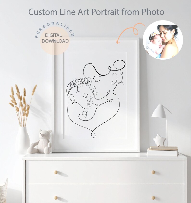 May include: A framed black and white line art portrait of a mother and child. The artwork is a digital download and features the text "Custom Line Art Portrait from Photo". The image is displayed on a white dresser.
