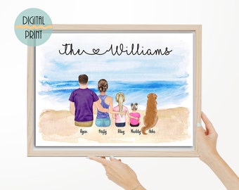 Personalized Wall Art Family Portrait, Family Print Illustration with Pets, Special gift for wife from husband, Family Picture Print