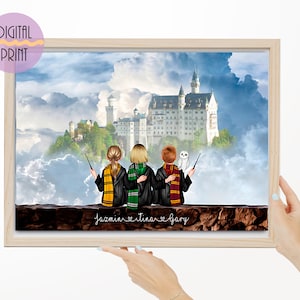 Ritratto di mago personalizzato per bambini, stampa digitale del mago del migliore amico, stampa della scuola di maghi, regalo di compleanno per la figlia dalla mamma