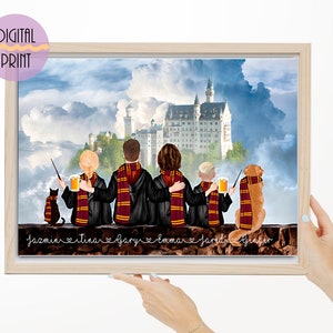Wizard family portrait, wizard family print, Personalised Wizard portrait, Personalised Family gift, Personalized Wizard School Print