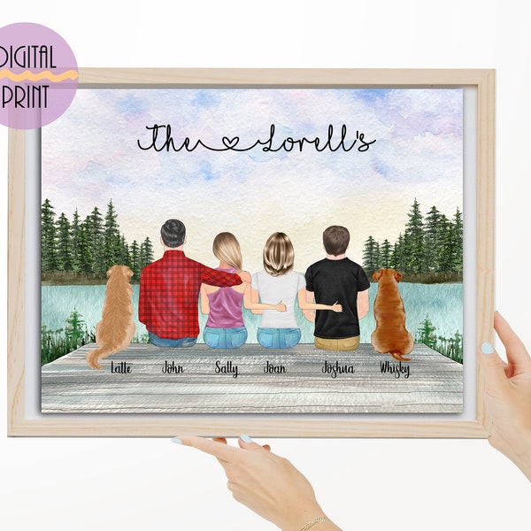 Personalized Wall Art Print for Family, Family portrait with lake bakckground,Mother's Day gift for Mom, Birthday gift for husband from wife