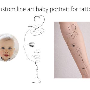 Aangepaste babylijntattoo van foto | Fijne lijn kinderportret | Minimaal tattoo-ontwerp