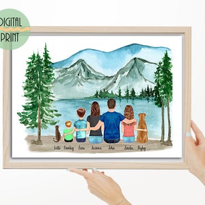 Arte de pared familiar personalizable, retrato familiar en acuarela con perro, pintura familiar personalizada, regalo especial para esposo o esposa