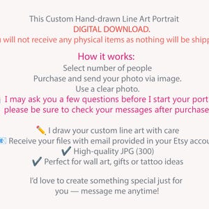 May include: Text on a light background advertises a custom hand-drawn line art portrait as a digital download. The text explains the process: select the number of people, send a photo, and receive a high-quality JPG file via email.