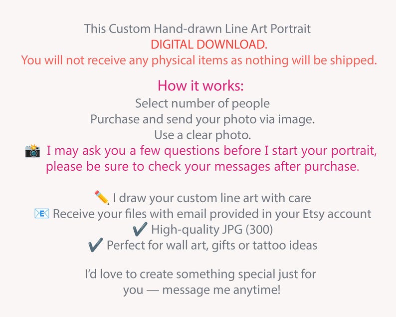 May include: Text on a light background advertises a custom hand-drawn line art portrait as a digital download. The text explains the process: select the number of people, send a photo, and receive a high-quality JPG file via email.