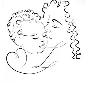 May include: A black and white line drawing of a parent and child. The parent is embracing the child, with their faces close together. The child has curly hair, and a heart shape is drawn near the child.