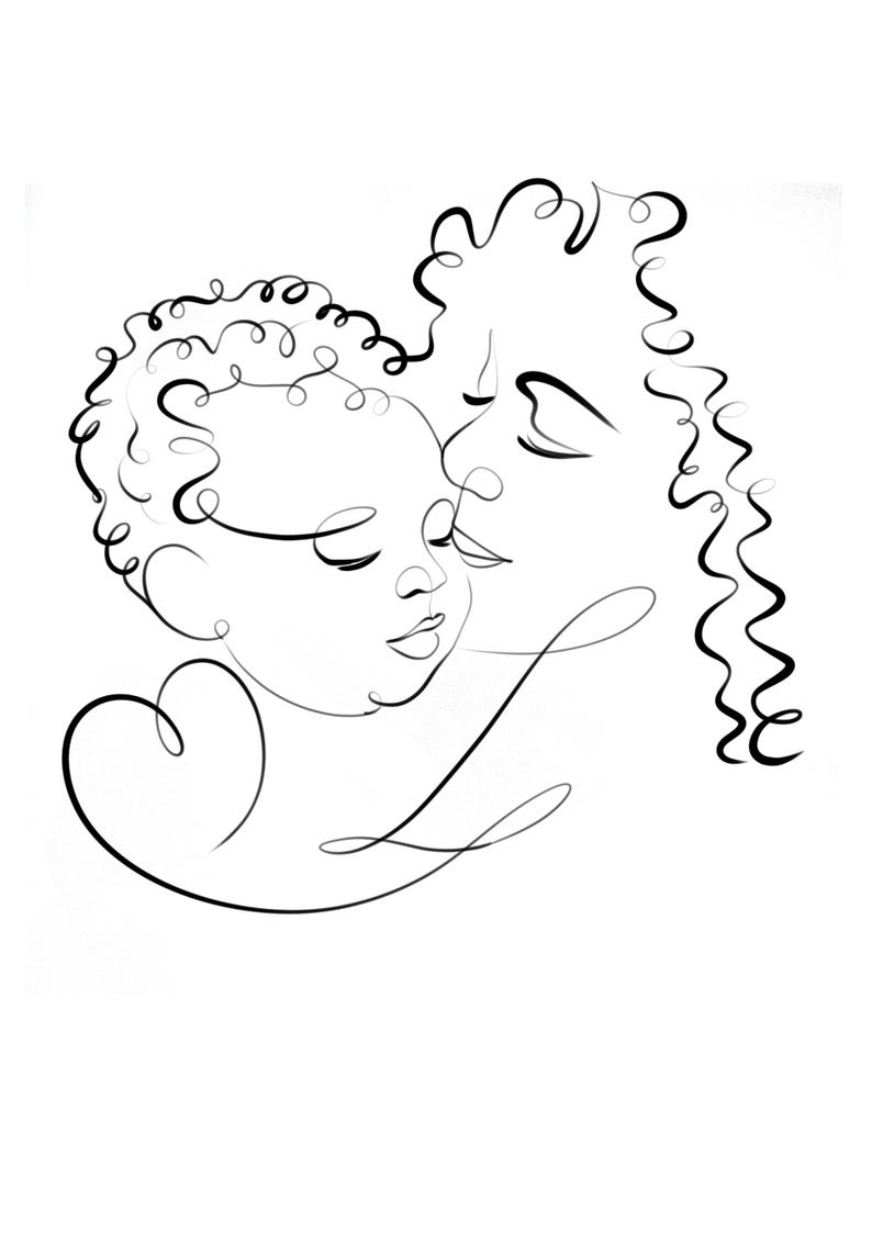 May include: A black and white line drawing of a parent and child. The parent is embracing the child, with their faces close together. The child has curly hair, and a heart shape is drawn near the child.