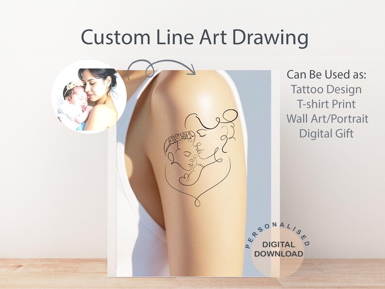 May include: A custom line art drawing of a mother and child in a continuous line style. The image includes the text "Custom Line Art Drawing" and "Can Be Used as: Tattoo Design, T-shirt Print, Wall Art/Portrait, Digital Gift."