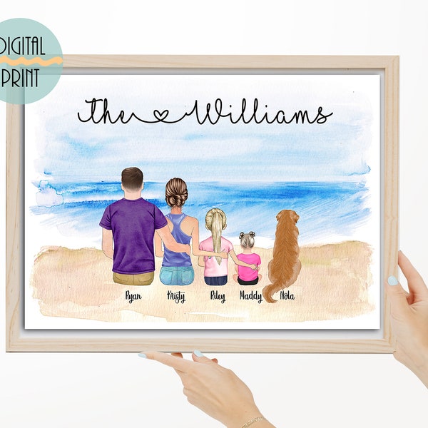 Custom Family wall art, Custom portrait with kids and pets, Father's Day Gift, Mother's Day gift, Wall decor with lake and mountain wiev