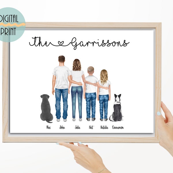 Cadeau d'art mural personnalisé portrait de famille pour maman, cadeau d'anniversaire personnalisé pour lui ou elle, illustration de portrait de famille avec animaux de compagnie