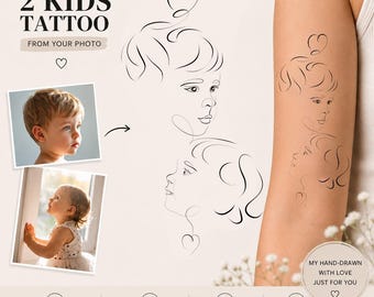 Custom 2 kids Tattoo From Photo | Fine Line Child Portrait | Son and Daughter Design | Minimal Line Art | Mom Gift