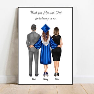 Personalisierte Graduierung Familiengeschenk, benutzerdefinierte graduierte Mädchen mit Mama und Papa, Graduierung Dankeskarte für die Abschlussfeier der Eltern